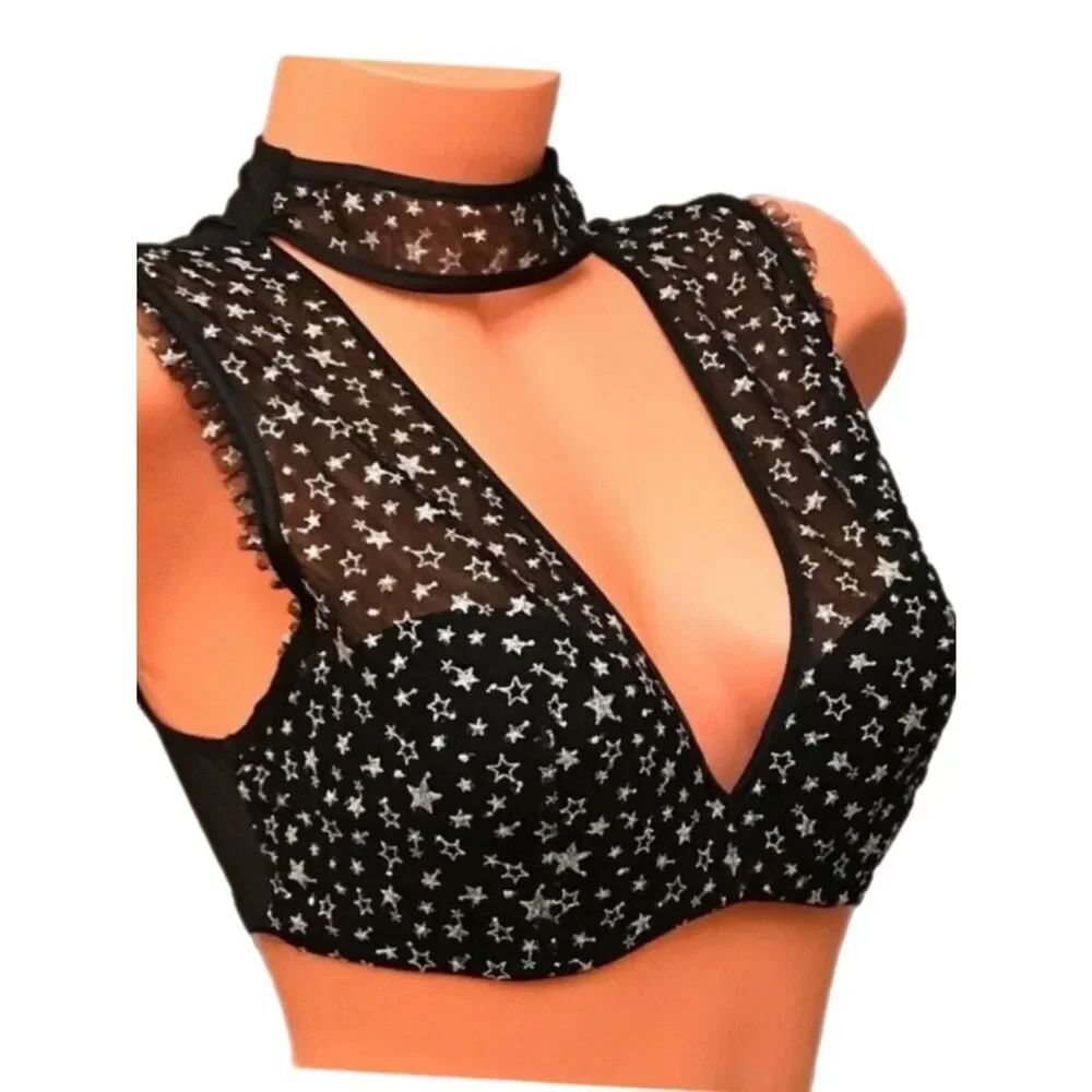 Victorias Secret Dream Angels Lined plunge High neck stars bralette bra black Xs